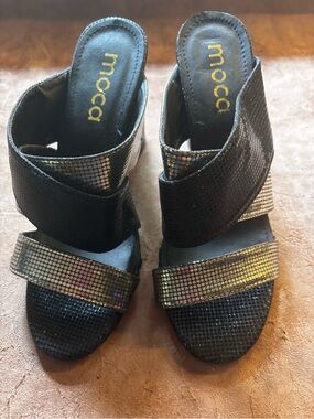 Mocca Black Iridescent Strap Slide Heels
